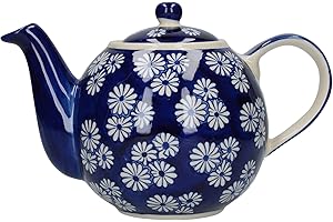 London Pottery Out of the Blue Globe Théière avec passoire en grès Motif petites marguerites Bleu marine 900 ml JY18LT04