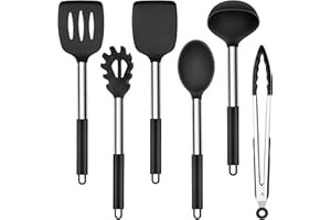 Herogo Juego de 6 utensilios de cocina de silicona, con mango de acero inoxidable, resistente al calor y antiadherente, espátula de silicona, color negro