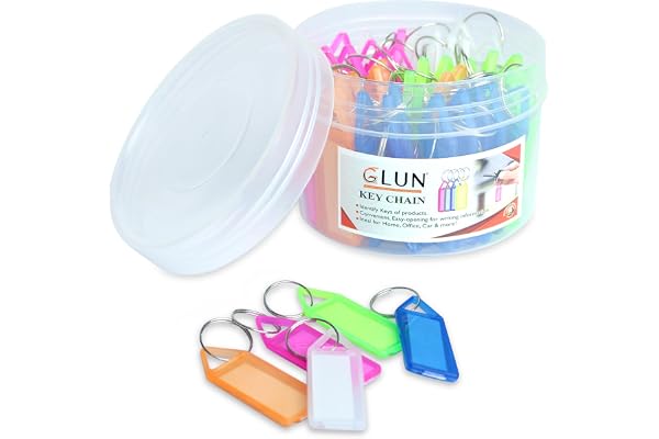 GLUN Assorted 50-Pack Multicolor Keyring & Keychain Set Plastic Keychains with Name Tag Labels and Split Rings for Seamless Key Organization