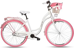 ‎GOETZE Goetze Style 28 Inch Women's City Bike, 18 Inch Frame, Low Entry, 3-Speed Hub Gears, Coaster Brake, LED Lighting, Pannier Rack, Comfort Saddle, Mudguards, Rattan Basket with Fabric Insert