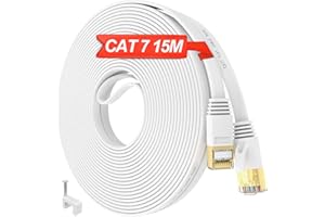 IKBC Kabel Ethernet 15m Cat 7, Płaski Kabel Internetowy 15m Szybki RJ45 Kabel Sieciowy Wewnętrzny, Długi Ekranowany Kabel LAN 10Gbps 600MHz FTP, Biały Kabel Gigabitowy do Routera Xbox PS5/4 PC (15 klipy)