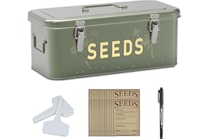 Orionstar Seed Storage Organizer, Metal Seed Saving Box with Lid, Seed Bin with 30 Plant Labels 30 Seed Envelopes 1 Marker Pens, 4 Compartments Box with Safety Locks, Blackish Green