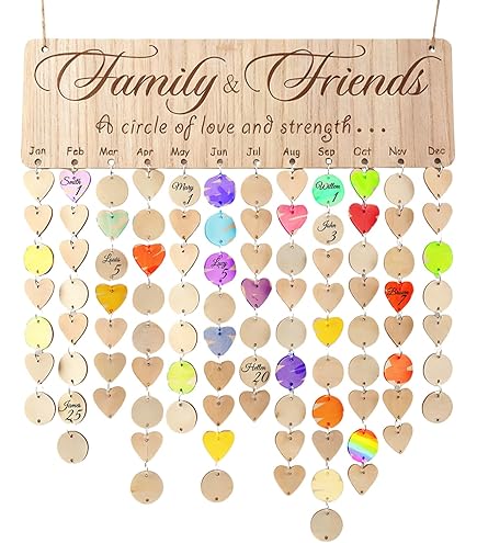 BMGRKYQX Calendrier D'Anniversaire En Bois Français Plaque De Rappel Calendrier Sculpture En Bois Avec 100pcs Rond Cœur Étiquettes Bricolage Suspendu Décoration Pour Famille Anniversaire
