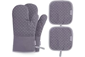 BESTONZON Oven Mitts and Pot Holders Set of 4, 500F Heat Resistant Oven Gloves with Silicone Non-Slip for Kitchens, Grilling, Cooking, Baking（Grey）