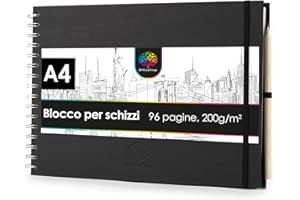 OfficeTree Taccuino per schizzi, formato A4, con rilegatura a spirale, formato orizzontale, 96 pagine, 48 fogli, formato A4, 200 g, carta bianca vergine, libretto di schizzi acquerello, matita inclusa