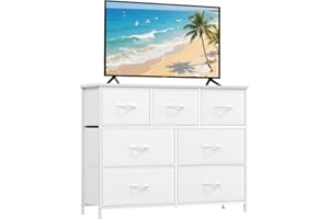 Somdot Chest of Drawers for Bedroom with 7 Drawers, Wide Storage Organiser Fabric Dresser for Closet Nursery Bedside Living Room Entryway Hallway, White Leather