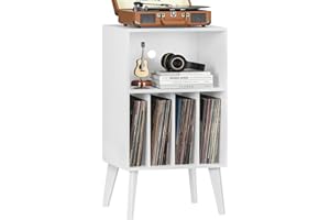 LELELINKY Supporto per giradischi, supporto per giradischi con spazio per fino a 160 album, tavolo portaoggetti in vinile Mid-Century con gambe in legno, scaffale espositore per giradischi da salotto, bianco