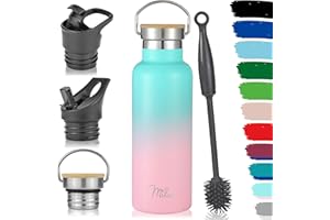 Milu Edelstahl Trinkflasche 500ml, 750ml, 1000ml (+3 Deckel) - Thermosflasche mit Strohhalm, Isolierte Wasserflasche, Auslaufsichere Isolierflasche doppelwandig, Kohlensäure geeignet (Mint Rosa, 0,5L)