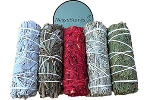NessaStores 5 pc Smudge Stick Sampler 1 Kit of White Sage, Black Sage, White Sage Dragon's Blood, Blue Sage, & Cedar - 4 Inch Hand Tied, All Natural, Ethically Sourced for Home Cleansing JC-209