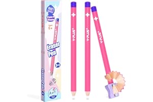 YPLUS Stylo Gomme pour Enfants, 3 Gommes Style Stylo avec Taille-Crayon, Bâtonnet Gomme Affûtable, Fournitures Scolaires pour Enfants Artistes - Rose