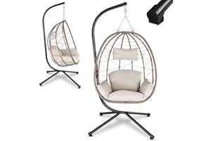 Juskys Fauteuil Suspendu Aria avec Coussin - réglable en Hauteur et Pliable - Balancelle en rotin synthétique pour l'extérieur et l'intérieur - Siège en Osier Beige jusqu'à 130 kg