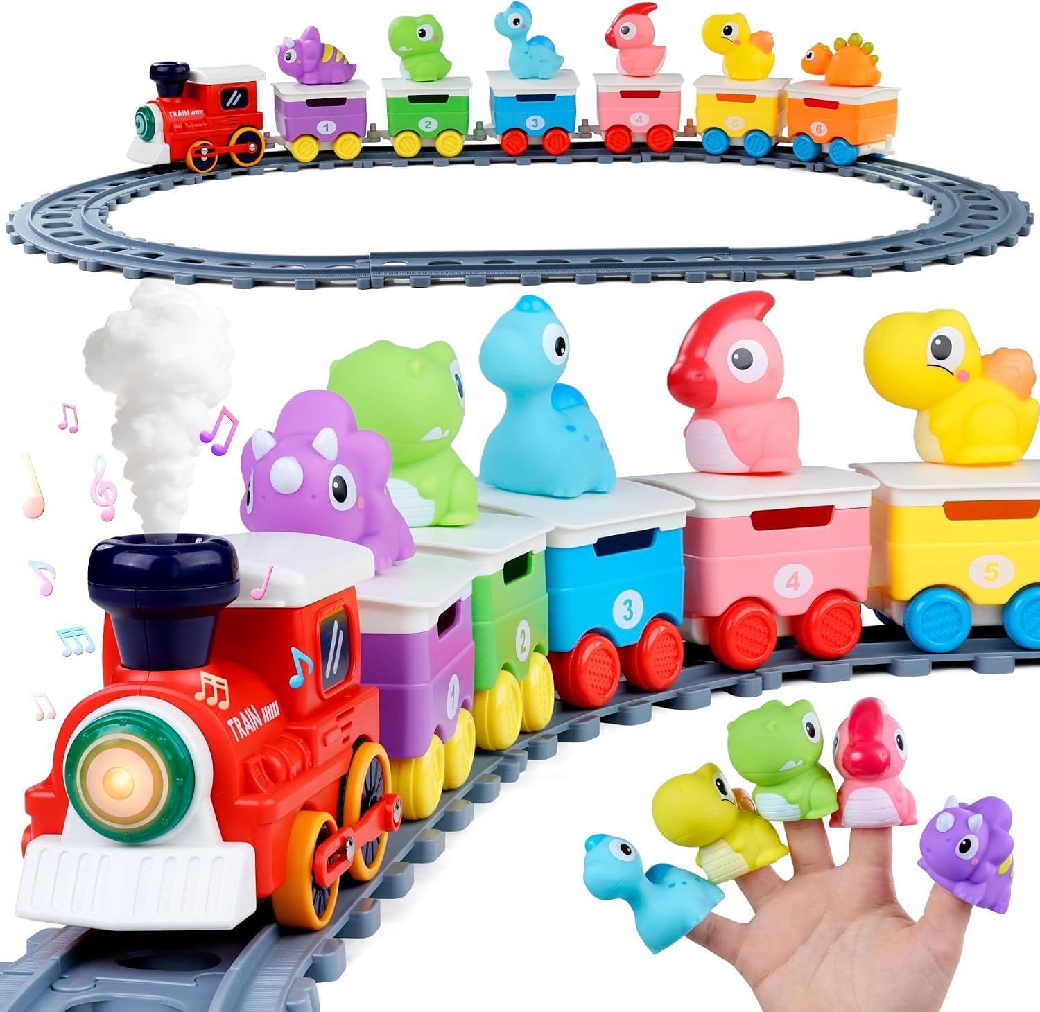 Meribbit Tren con Vías, Luces y Efecto Vapor, Marionetas de Dedo Dinosaurio, Juguetes Montessori Sensoriales, Juego Educativo para Niños de 2 Años, Regalo 1-3 Años