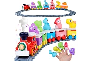 Meribbit Tåg med Räls, Ljus och Ångeffekt, Dinosaurie Fingerdockor, Montessori Sensoriska Leksaker, Pedagogisk Leksak för Barn 2 År, Present 1-3 År