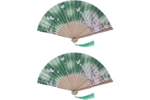 Buachois 2 Stück Folding Hand Fans Retro Style Handheld Fan Bambusrahmen Grüne Oberfläche Einzigartiges Blumenmuster Faltventilator für Dekoration Musik Festival Club Event Party Dance