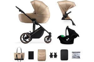 KK KINDERKRAFT Kinderkraft PRIME 2 Passeggino 3 in 1 con Seggiolino Auto MINK PRO I-SIZE, Dalla nascita fino 25 kg, Navicella spaziosa, Impermeabile con filtro UPF50+, Ruote e telaio ammortizzati, Beige