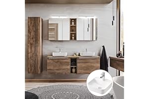 Lomadox Badmöbel Set Vintage Oak Eiche, 140cm Waschtischunterschrank inkl. 2 Keramik Aufsatzwaschbecken, 2 LED-Spiegelschränke und Hochschrank, B/H/T 185/200/46 cm