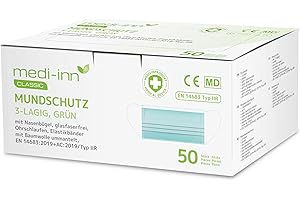 Medi-Inn+ Maska na twarz, maska jednorazowa z elastycznymi taśmami, typ IIR, 3-warstwowa, zielona