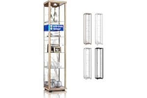 ‎K-MÖBEL K-Möbel Standvitrine (176x37x33cm) - Made in Germany - Vitrinenschrank Buche mit 4 höhenverstellbaren Glasböden, Spiegel & LED - Glasvitrine Stehend - Vitrine Glas - Display Cabinet