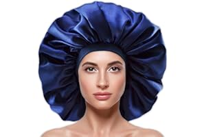 ACEHOME Large Silky Satin Bonnet with Wide Elastic Band, Soft Sleeping Cap Night Hat Big Hair Bonnets Head Cover for Women Curly Natural Long Hair (Blue)