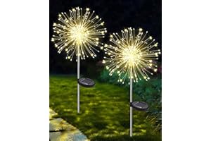 Dekofun Solar Lights Outdoor Garden 2 Pack 120 LED Solar Firework Lights, 8 Lighting Modes Solar Starburst Lights Waterproof Solar Dandelion Lights for Garden Landscape Lawn Backyard - Warm White