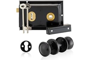 XFORT Rim Knob Set Black, Complete with A Rim Lock, Plastic Door Knob and Escutcheons, Designed for Wooden Barn, Gate and Shed Doors