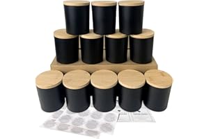 CONNOO Confezione da 12 barattoli per candele in vetro nero opaco da 283,5 g, con coperchio ermetico in bambù, etichette adesive per realizzare candele vuote, lavabili in lavastoviglie