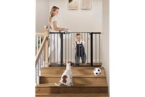 COMOMY 75-117cm Türschutzgitter Ohne Bohren, Treppenschutzgitter Auto Close mit Grün/Rotem Schild, Kindersicherung Tür, Türgitter für Hund/Katze, 90° Stop, mit Y-Spindel (76cm Hoch, Schwarz)