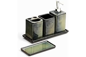 Home Harbour Zen Essence Fambe Collection | 5-Piece Green Bathroom Accessories Set |Soap Dispenser, Toothbrush Holder, Tumbler, Vanity Tray,& Multipurpose Holder | Stoneware Organiser (Set of 5 Green)