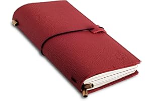 WANDERINGS Cuaderno de Viaje Tamaño Regular con Bolsillos – 11.5cm x 22cm – Diario de Viaje Rellenable – Cuero Rojo Hecho a Mano, Incluye Recambios en Blanco de Papel 100 GSM
