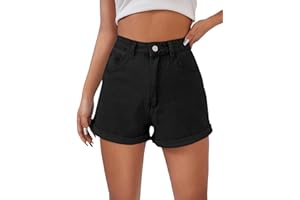 GORGLITTER Pantalones cortos de mezclilla para mujer, pantalones cortos básicos, pantalones cortos de cintura alta, pantalones cortos con bolsillos