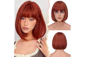 BARSDAR Courte Bob Perruque avec Franges, 30cm Auburn Perruque pour Les Femmes Courte Cuivré Perruques Naturel Droite Synthétiques Synthétiques Résistantes à la Chaleur Perruques - Cuivré Auburn