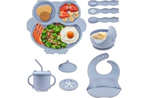 Hovineumoo 9 Stücke Silikon Geschirr-Sets für Kinder, Kindergeschirr Set mit Saugnapf, Kinderteller Schüssel Lätzchen Tasse Löffel, Rutschfest Abwaschbar Baby Geschirrset, Silikon Babygeschirr (Blau)