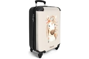 NoBoringSuitcases.com® Handgepäck Koffer Kinder 55x35x20 cm Reisekoffer Kinderkoffer mit 4 Rollen Leicht Cabin Trolley Hartschalenkoffer Flugzeug Pferd - Bohème - Pastell - Beige
