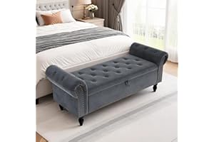 Clevich Ottoman Storage Bench, Velvet End of Bed Storage Box with Lid, Sturdy Wood Legs Footrest, 168KG Load Capacity, Sofa Bench for Bedroom/Living Room, 133x53x46cm (Grey)