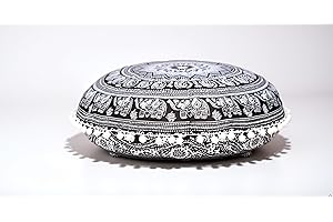 CRAFT KALA 22" Round Mandala Boho Pillow Cover Meditation Room Seating Poufs Cover for Living Room Yoga Home Bedroom Balcony Garden Party Decoration Cotton Floor Cushion Cover 22", B & W Elephant