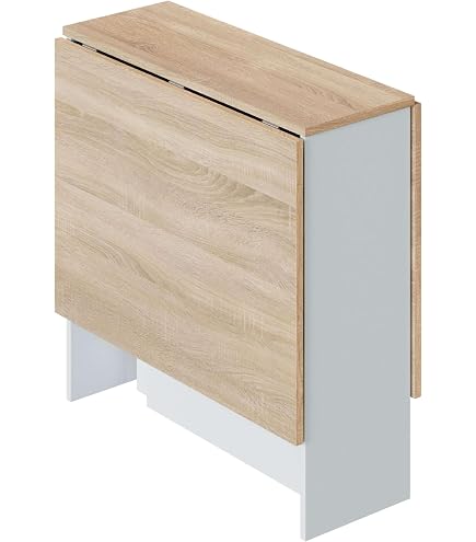 Table à Manger Pliable CASABEL - Table Modulable Pour Petits Espaces Avec Tiroir Et Étageres, Noir Et Bois Clair