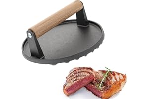 WYNDSHADES Cast Iron Burger Press 17.5cm – Heavy-Duty Smash Burger Press with Wooden Handle, Pre-Seasoned Round Meat Press for BBQ, Bacon, Steak, Grill or Skillet Cooking