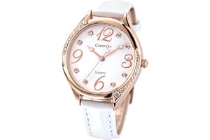 COMTEX Orologio da donna bianco con quadrante grande, in pelle, color oro rosa, cinturino in pelle bianca