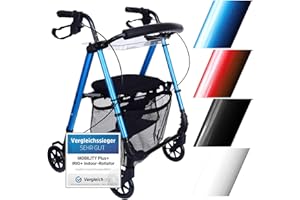‎MOBILITY PLUS+ Mobility Plus+ Indoor Rollator IR10+ Blau - Wohnungsrollator Leichtgewicht, schmal & faltbar - Sitz & Griff höhenverstellbar - Gehhilfe für Senioren inkl. Rückengurt, Netztasche & Tablett