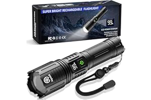 JAYXINLI Torches LED Super Bright 500000 Lumen Rechargeable with LCD Power Display and 5000 mAh, Zoomable, IP67, Powerful, 5 Light Modes, High Power Torch for Camping, Hiking, Dog Walking