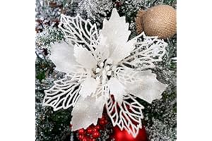 GL-Turelifes - Paquete de 12 flores de Pascua artificiales con purpurina para árbol de Navidad, corona de Navidad, adornos, flores de 16 cm de diámetro, 12 cuerdas suaves de color verde