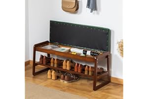 SOBIBO Solid Wood Shoe Bench, 2-Tier Entryway Bench with Cushion and Flip-Open Storage Box, Mid-Century Modern Shoe Bench Rack for Hallway, Mudroom(Green, 100cm, 39.4inches)
