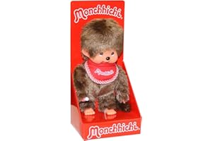 Sekiguchi 255010 - Original Monchhichi Junge, Plüschfigur mit rotem Latz und Zöpfen mit Schleifen, ca. 20 cm großes Kuscheltier aus braunem Plüsch