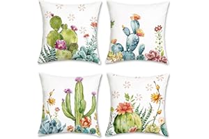 Bonhause Housse de Coussin Cactus Tropical 45 x 45 cm Fleur Feuille Plantes Succulentes Velours Doux Décoratif Été Taie d'oreiller pour Salon Chambre Maison Jardin Extérieur Décoration 4 Pièces