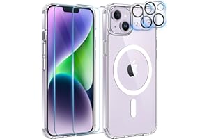 YisrLery 5 in 1 Coque pour iPhone 14 Aimantée avec 2 Verres Trempés et 2 Caméra Protecteur Compatible MagSafe Dos Anti Rayures Coque Magnétique Antichoc TPU Bumper 6,1’’ Case (Transparent)