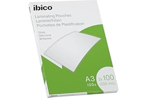 Ibico A3 Laminating Pouches, 200 Micron (2x100), High Document Protection & Durability, Pack of 100, Gloss Finish, Crystal Clear, 627320