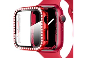Miimall Kompatibel mit Apple Watch Series 9/8/7 45mm 41mm Hülle mit Glas Displayschutz, Strass Glitzer Harter PC Schutzhülle Kratzfest All-Round Schutz Case für iWatch Serie 9/8/7 41mm - Rot