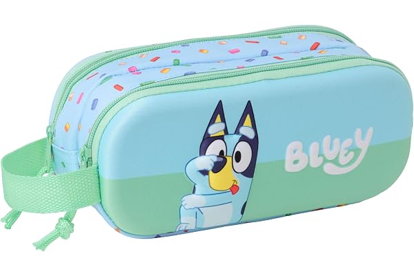 Safta BLUEY 3D - 3D dubbelt fodral, barnfodral, barnfodral, perfekt för skolbarn, bekväm och mångsidig, kvalitet och styrka