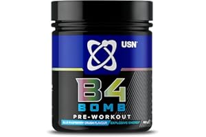 ‎USN USN Pre Workout B4 Bomb Blue Raspberry 180 g: Explosive Pre Workout Energy Drink Pulver mit Koffein, Beta-Alanin, L-Citrullin (12 Portionen)