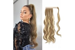 FESHFEN Coleta Postiza Rizada Pelo, 60 cm Largo Ondulado Wavy Ponytail Extension Cola de Caballo Extensiones Clip Postizos de Pelo Rizado para Mujeres, Castaño ceniza claro/rubio blanquecino
